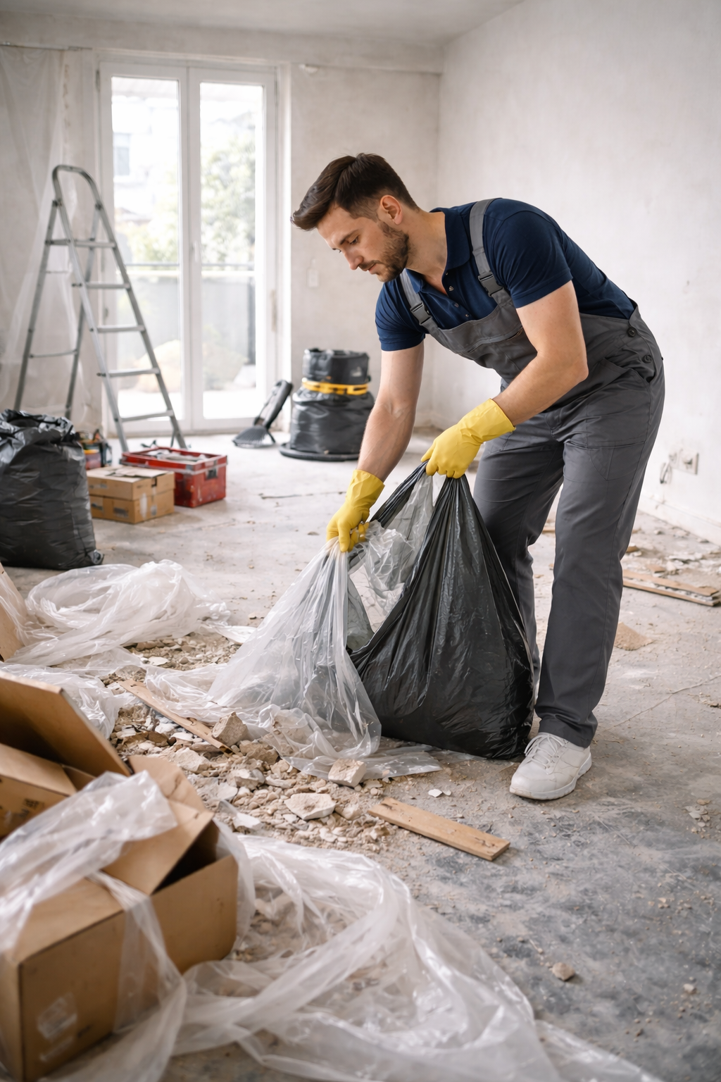 Mitarbeiter sammelt Bauabfall und Schutzfolien bei einer Baureinigung in einer frisch renovierten Wohnung