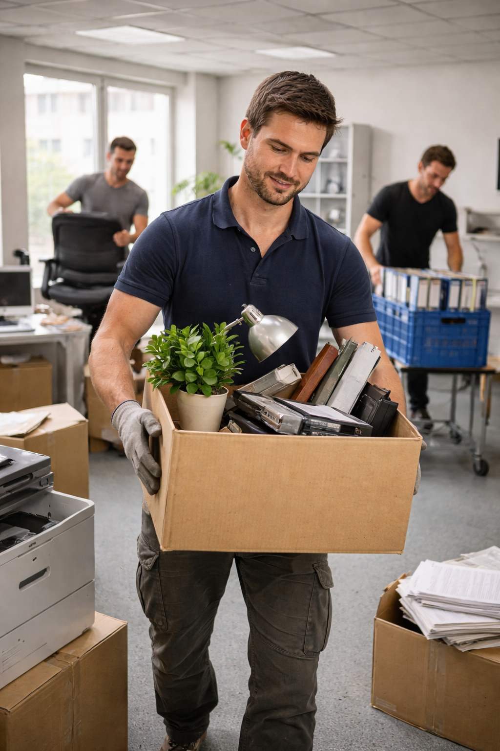 Mitarbeitende räumen Büroeinrichtung geordnet aus und sichern Gegenstände für den Abtransport