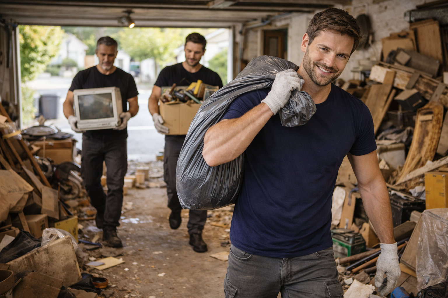 Geordnete Räumung mit sortierten Kartons und Möbelstücken, bereit für den Abtransport