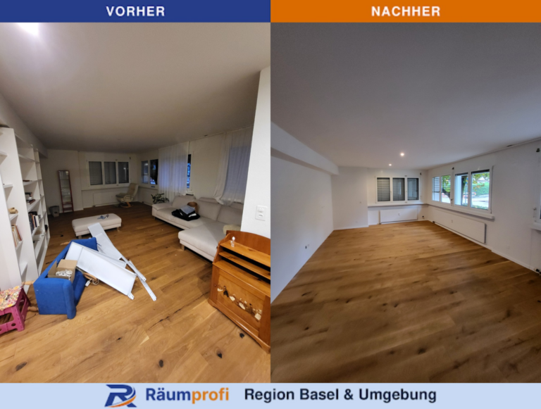 Wohnzimmer im Vorher-Nachher-Vergleich: links mit Sofa, Regal und Hausrat, rechts ohne die losen Möbel.