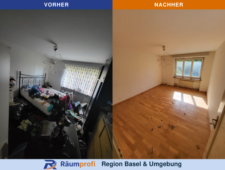 Schlafzimmer: links vor der Räumung mit Bett, Schrank, Taschen und Hausrat, rechts danach ohne Möbel mit sichtbarem Parkettboden.