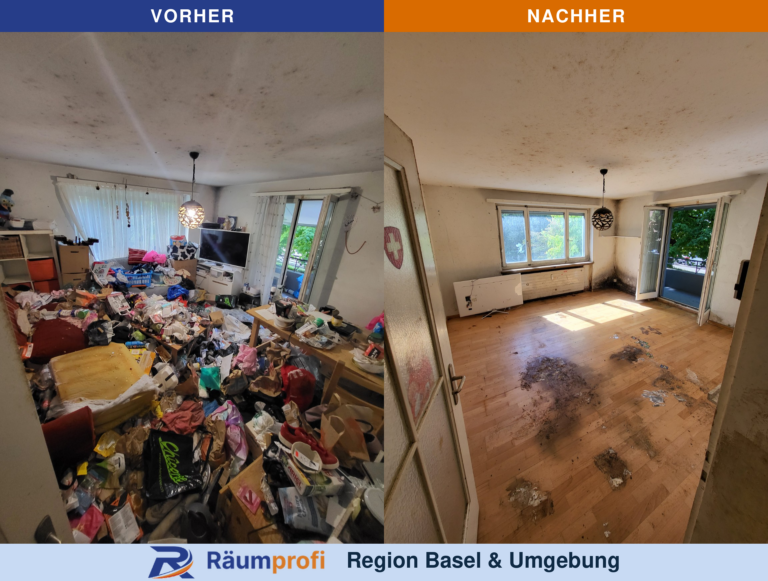 Wohnzimmer mit Balkontür: links vor der Räumung mit Möbeln und Hausrat, rechts danach mit weitgehend freier Bodenfläche.