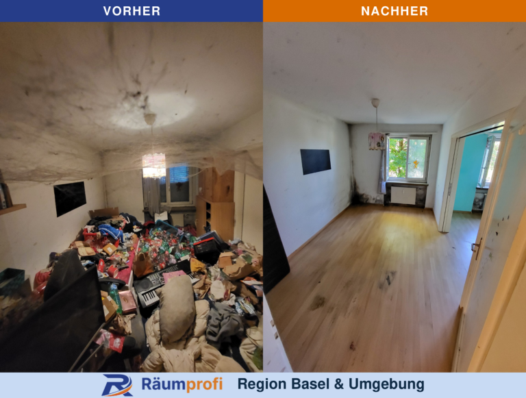 Zimmer: links vor der Räumung mit Flaschen, Kleidung und Möbeln, rechts danach mit freiem Boden und Durchgang zum Nachbarraum.