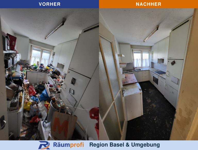Küche: links vor der Räumung mit Geschirr, Behältern und Taschen, rechts danach mit freiem Durchgang und vorhandenen Küchenschränken.