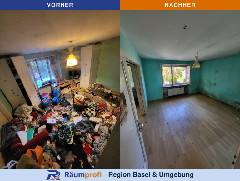 Türkis gestrichenes Zimmer: links vor der Räumung mit Schränken, Bett und Hausrat, rechts danach ohne Möbel mit freier Bodenfläche.