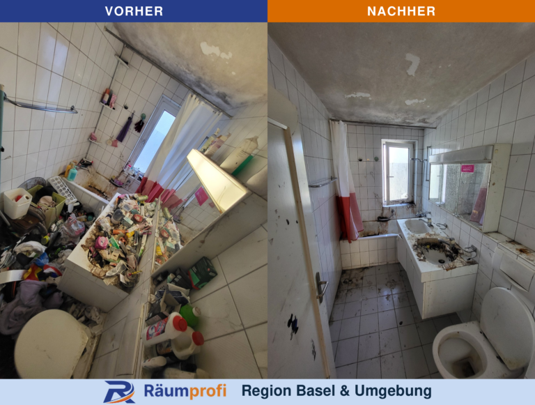 Badezimmer mit zwei Waschbecken: links mit vielen Behältern und Hausrat, rechts nach der Räumung mit sichtbarem Fliesenboden.