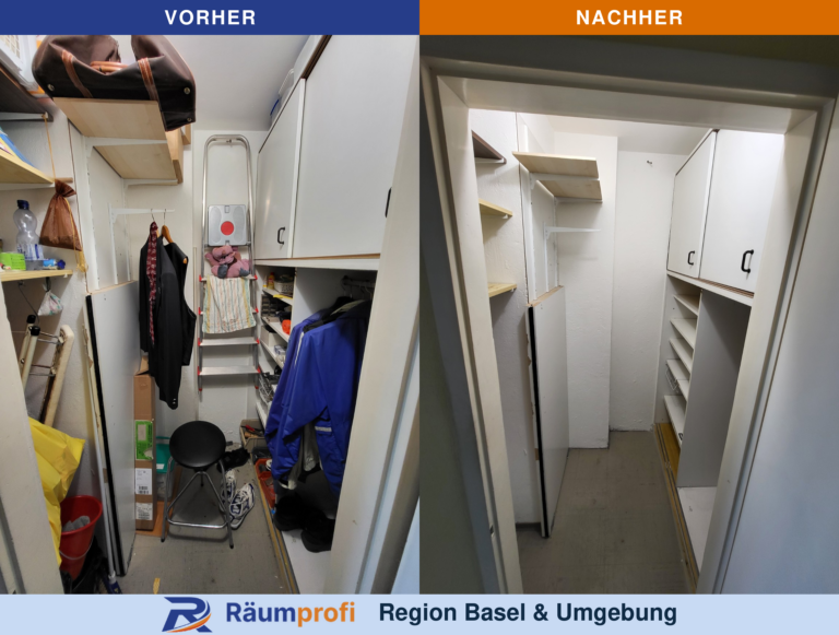 Abstellraum vor und nach der Räumung: links Kleidung, Leiter und Hausrat, rechts weitgehend leere Einbauregale.