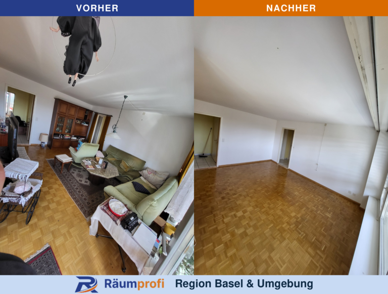 Wohnzimmer vor und nach der Räumung: links Sofa, Sessel und Schränke, rechts derselbe Raum ohne Möbel.