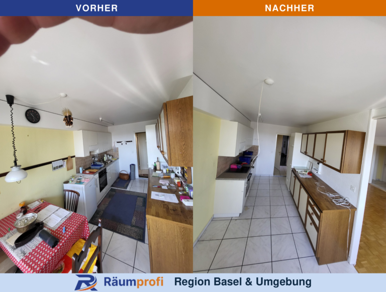 Küche vor und nach der Räumung: links Tisch und Hausrat, rechts freie Bodenfläche mit erhaltenen Küchenschränken.