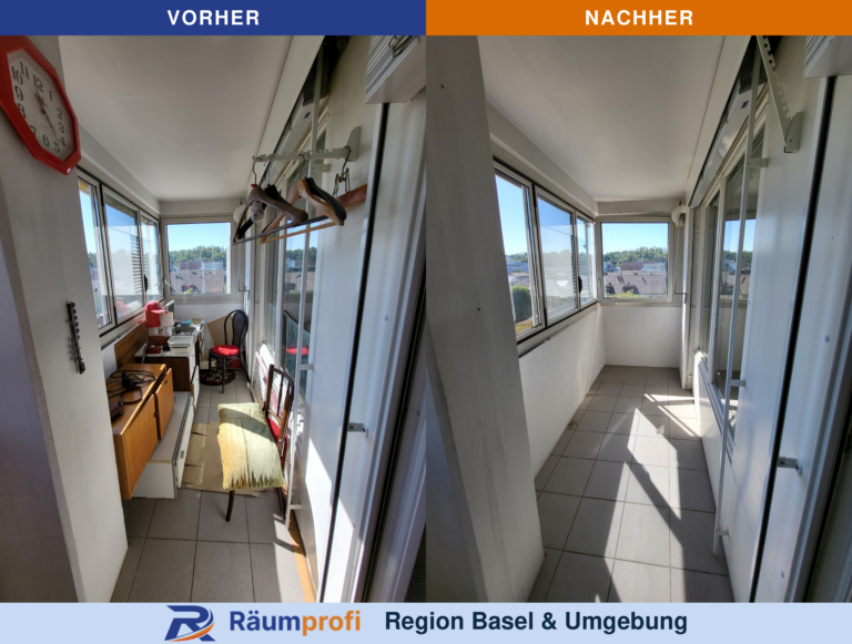 Verglaster Balkon vor und nach der Räumung: links Möbel und Hausrat, rechts der freie Balkon mit Plattenboden.