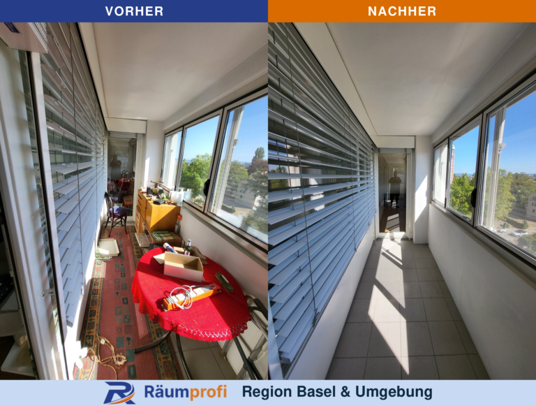 Zweite Ansicht des verglasten Balkons: links Tisch, Möbel und Hausrat, rechts dieselbe Fläche nach der Räumung.