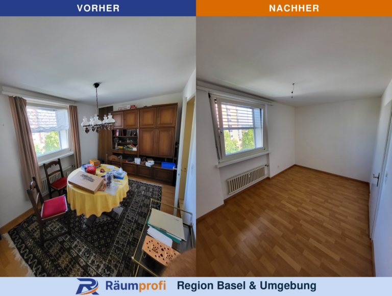 Esszimmer vor und nach der Räumung: links Tisch, Stühle und Schrankwand, rechts der leere Raum.