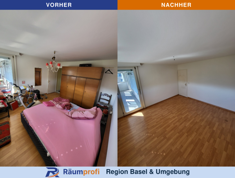 Schlafzimmer vor und nach der Räumung: links Bett, Kleiderschrank und weitere Gegenstände, rechts der leere Raum.
