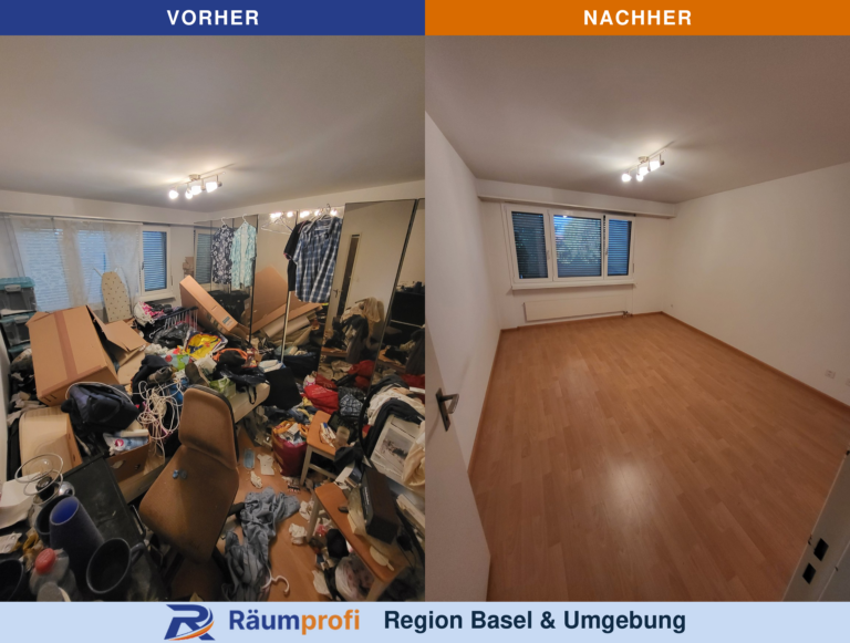 Zimmer vor und nach der Räumung: links mit Spiegelschrank, Kleidung und Kartons, rechts ohne Möbel mit freier Bodenfläche.