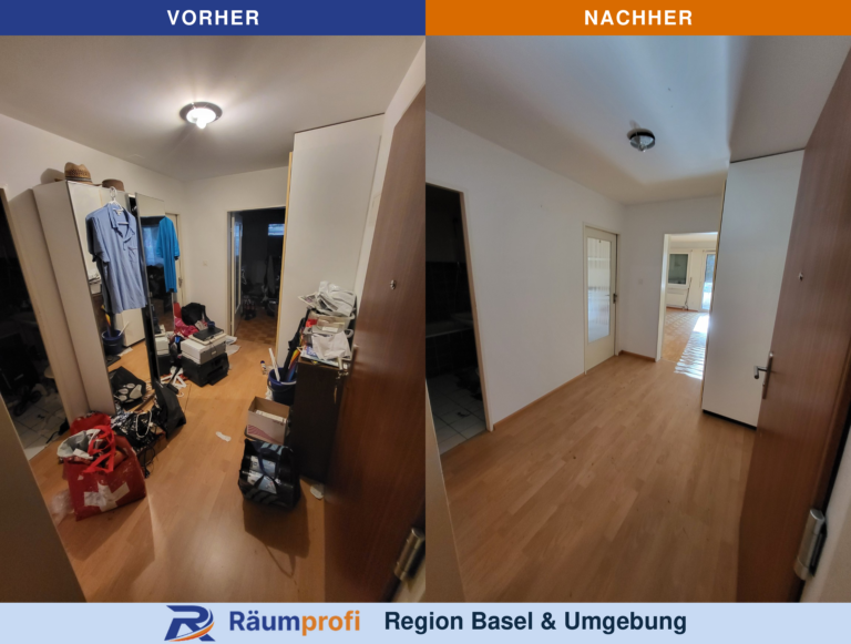 Flur vor und nach der Räumung: links mit Kleidung, Taschen und abgestellten Gegenständen, rechts mit freiem Durchgang.
