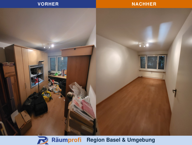 Zimmer vor und nach der Räumung: links mit Schrankwand, Kartons und Hausrat, rechts ohne Möbel mit freier Bodenfläche.