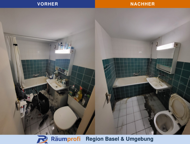 Badezimmer vor und nach der Räumung: links mit Behältern und Hausrat auf Ablagen und Boden, rechts mit freier Bodenfläche.