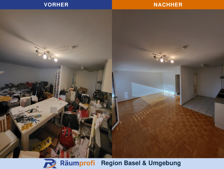 Wohn- und Essbereich: links vor der Räumung mit Tisch, Stühlen und Hausrat, rechts danach mit freier Parkettfläche.